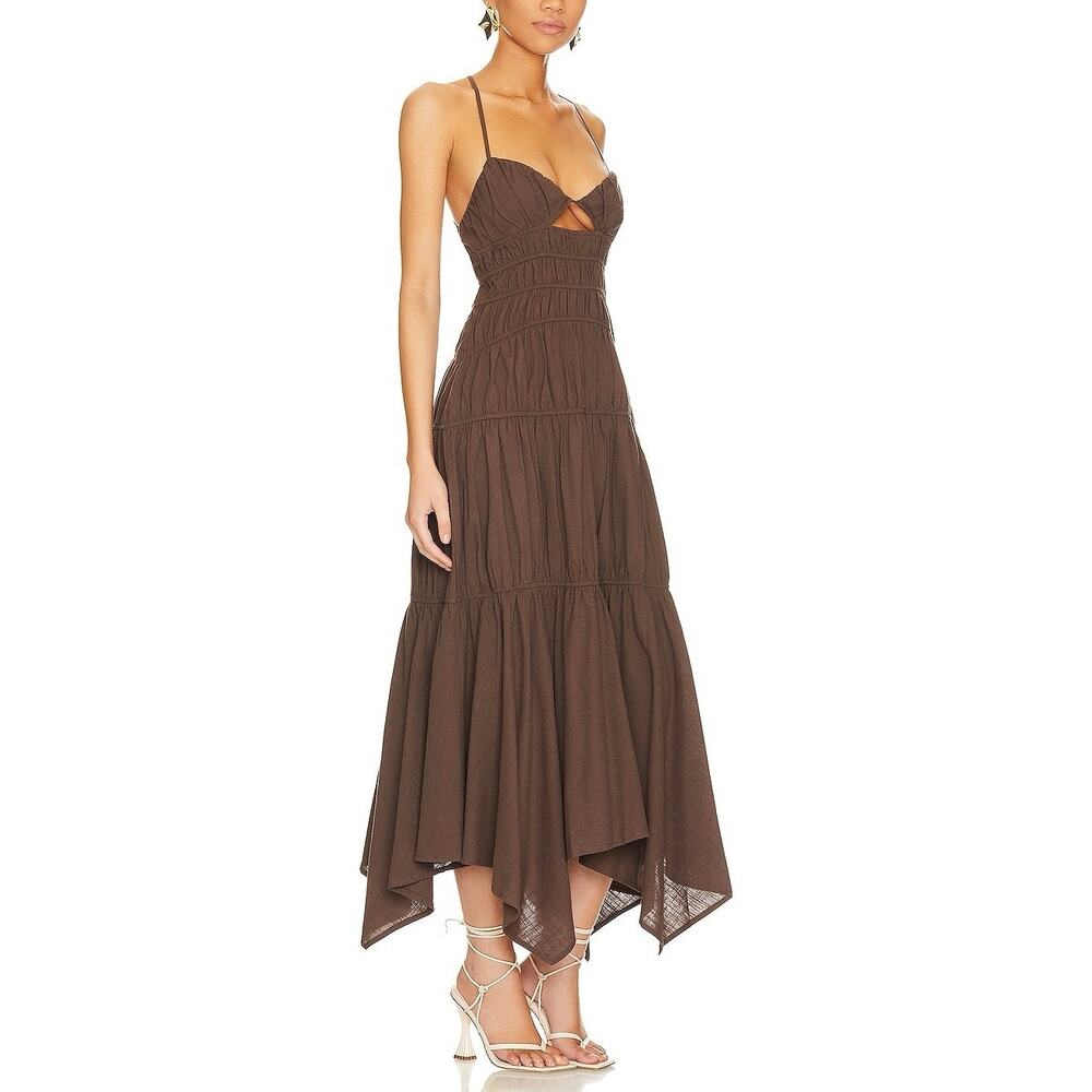 SNDYS Tahlia Chocolate Brown Cotton Cutout Tiered Midi Dress Small Whimsy
